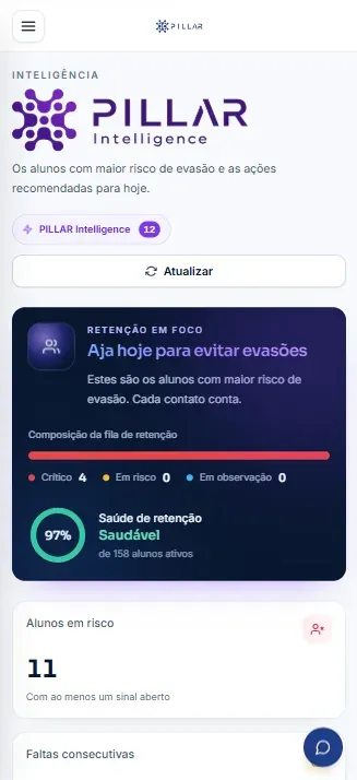 PILLAR Intelligence no celular, com saúde de retenção e alunos em risco