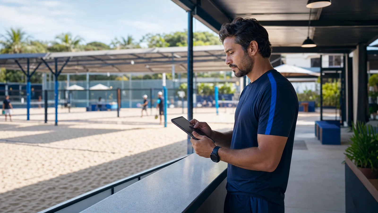 Gestor de arena utilizando um tablet diante das quadras